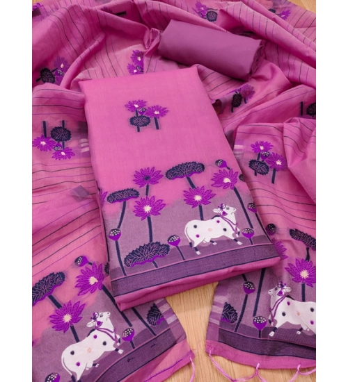 Generic Women's Banarasi Silk Printed Unstitched Salwar Suit Material With Dupatta (Pink, 3Mtrs)