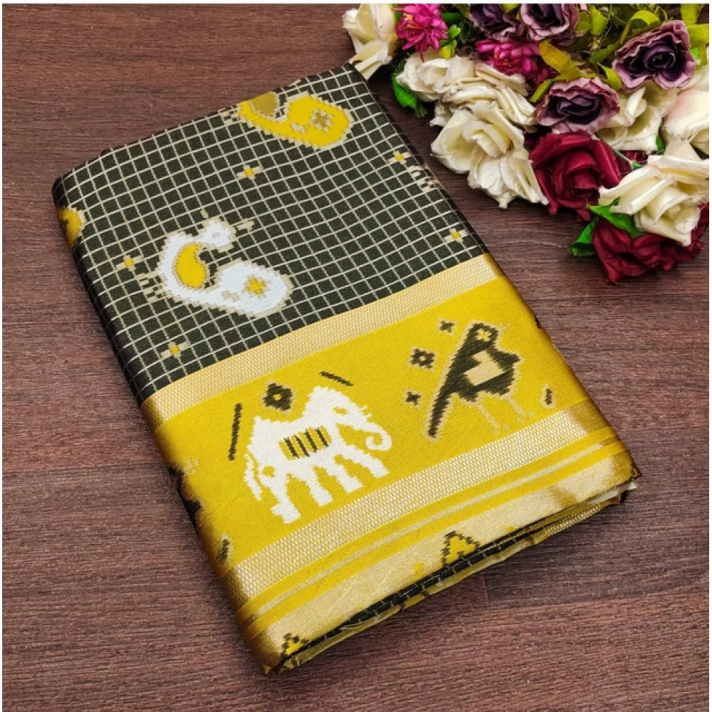 Generic Women's Soft Litchi Silk Jacquard Work Saree With Unstitched Blouse 5.5Mtr (Black)