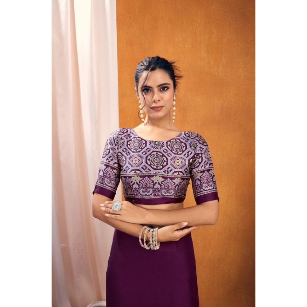 Generic Women's Satin Crepe Printed Saree With Unstitched Blouse 5.5Mtr (Purple) Generic Women's Satin Crepe Printed Saree With Unstitched Blouse 5.5Mtr (Purple)