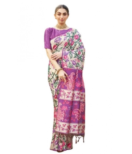 Generic Women's Faux_Tussar Kalamkari_Print Saree With Unstitched Blouse 5.5Mtr (Purple)