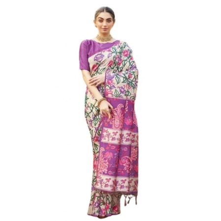 Generic Women's Faux_Tussar Kalamkari_Print Saree With Unstitched Blouse 5.5Mtr (Purple) Generic Women's Faux_Tussar Kalamkari_Print Saree With Unstitched Blouse 5.5Mtr (Purple)
