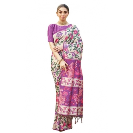 Generic Women's Faux_Tussar Kalamkari_Print Saree With Unstitched Blouse 5.5Mtr (Purple)