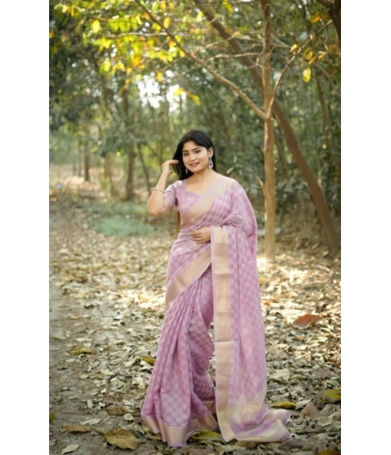Generic Women's Silk_Blend Checked Saree With Unstitched Blouse 5.5Mtr (Lavender)