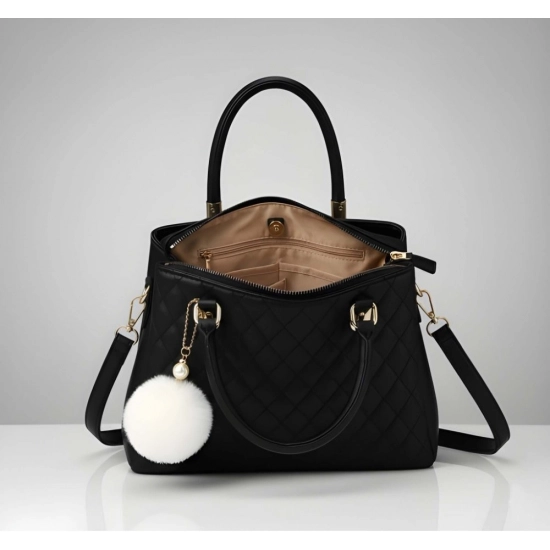 Women's PU Leather Solid Shoulder Zipper Handbag (Black)