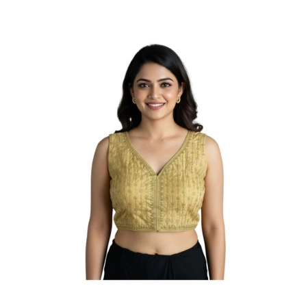 Generic Women's Silk Blend Embroidered V-Neck Non Padded Blouse (Beige 38 Ready (Alterable up to 42)