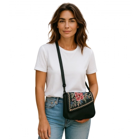 Generic Women's Polyurethane Floral Embroidered Crossbody Sling Bag with Adjustable &amp; Removable Strap (Black)