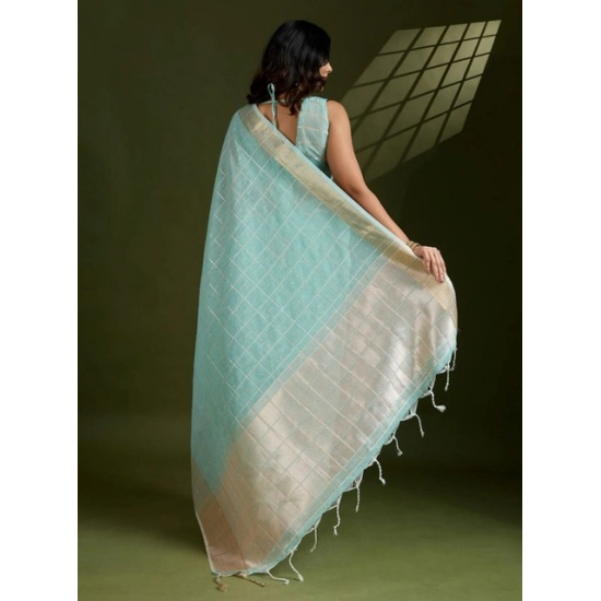 Generic Women's Tissue Checks_With_Buttis Saree With Unstitched Blouse 5.5Mtr (Aqua_Blue)