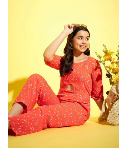 Generic Girl's Polyester Floral 3/4th Sleeve Jumpsuit (Coral)