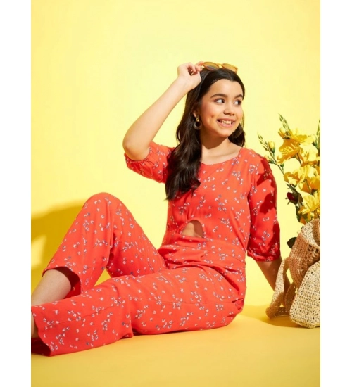 Generic Girl's Polyester Floral 3/4th Sleeve Jumpsuit (Coral)