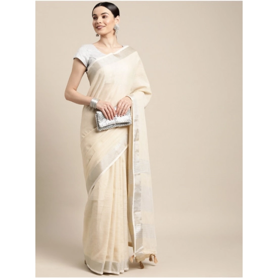 Generic Women's Linen Cotton Printed Saree With Unstitched Blouse 5.5Mtr (Cream)