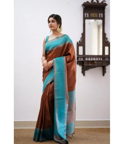 Generic Women's Soft Lichi Silk Printed Saree With Unstitched Blouse 5.5Mtr (Brown)