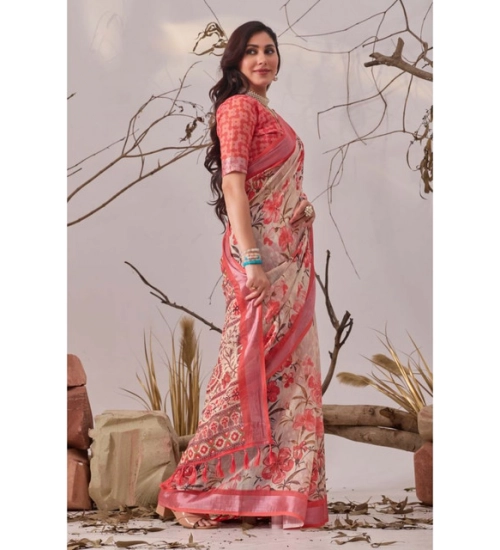 Generic Women's Faux_Linen Printed Saree With Unstitched Blouse 5.5Mtr (Peach)