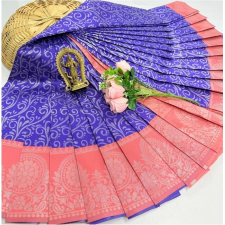 Generic Women's Soft Silk Printed Saree With Unstitched Blouse 5.5Mtr (Indigo Blue)