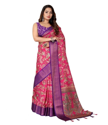 Generic Women's Cotton Silk Floral Printed Saree With Unstitched Blouse 5.5Mtr (Pink-Purple)