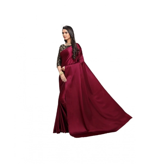 Generic Women's Satin Solid Saree With Unstitched Blouse 5.5Mtr (Maroon)