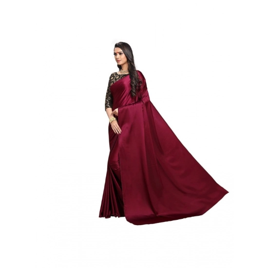 Generic Women's Satin Solid Saree With Unstitched Blouse 5.5Mtr (Maroon)