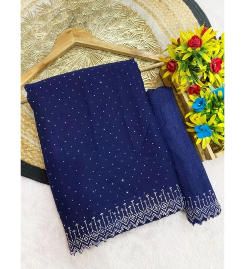 Generic Women's Georgette Stone Work Saree With Unstitched Blouse 5.5Mtr (Blue)
