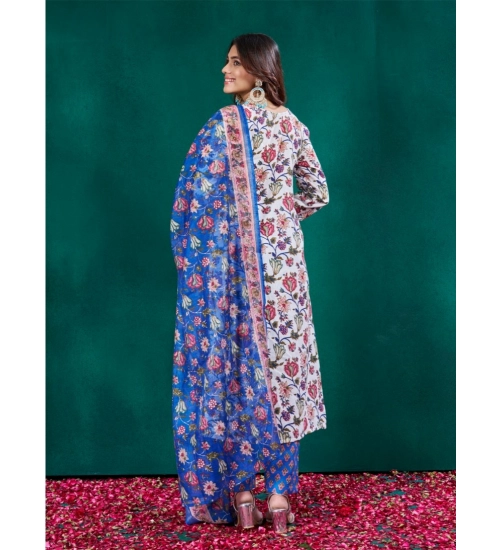 Generic Women's Cotton Blend Printed Kurti With Pant Dupatta Set (Multicolor)