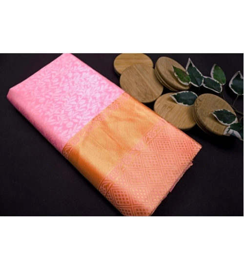 Generic Women's Soft Litchi Silk Jacquard Work Saree With Unstitched Blouse 5.5Mtr (Pink)