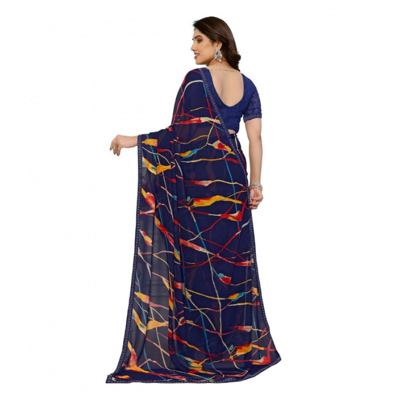 Women's Georgette Printed Saree With Unstitched Blouse 5.5Mtr (Blue)