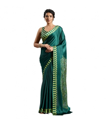 Generic Women's Satin Crepe Printed Saree With Unstitched Blouse 5.5Mtr (Green)