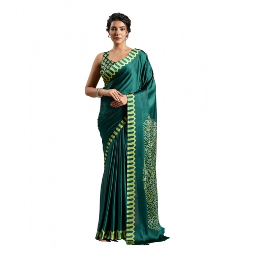 Generic Women's Satin Crepe Printed Saree With Unstitched Blouse 5.5Mtr (Green)