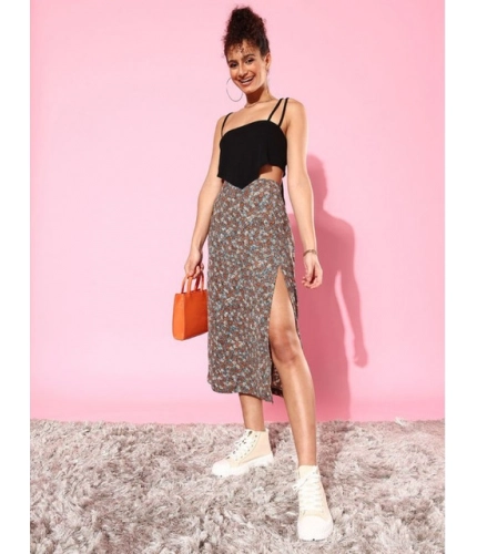 Generic Women's Polyester Floral Side Zip Skirt (Grey - Coral)
