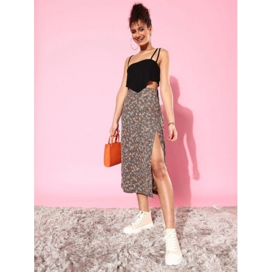 Generic Women's Polyester Floral Side Zip Skirt (Grey - Coral) Generic Women's Polyester Floral Side Zip Skirt (Grey - Coral)