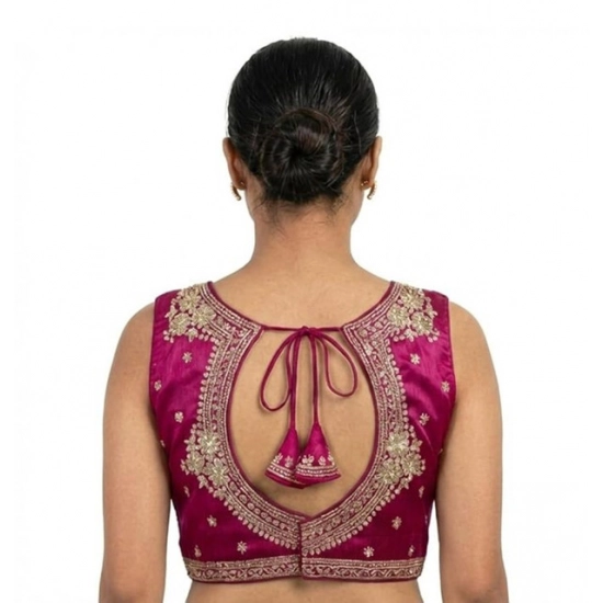 Generic Women's Silk Embroidered V-Neck Sleeveless Readymade Padded Blouse (Pink, Size 38)