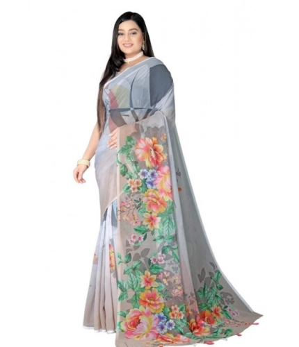 Generic Women's Georgette Floral Printed Saree With Unstitched Blouse 5.5Mtr (Grey)