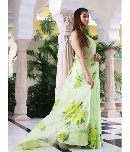 Generic Women's Linen Printed Saree With Unstitched Blouse 5.5Mtr (Green)