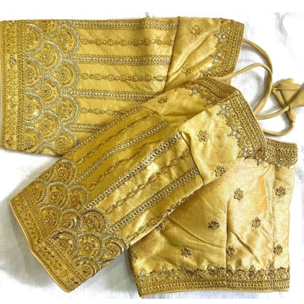 Women's Phantom Silk Embroidered Designer Neck Padded Blouse (Beige 38 Ready (Alterable up to 42)