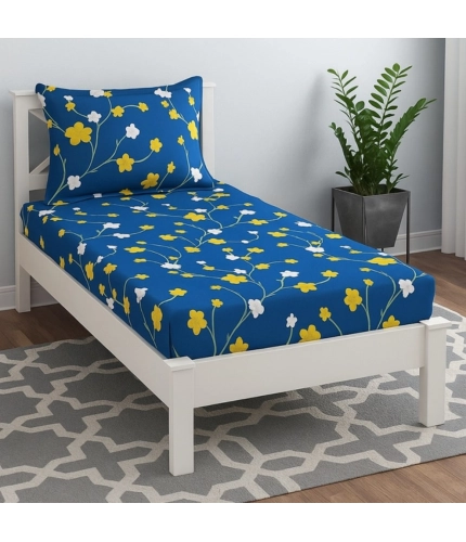 Generic Microfiber Floral Printed Single Bedsheet with 1 Pillow Cover (Blue)