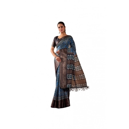 Generic Women's Faux_Art_Silk Printed Saree With Unstitched Blouse 5.5Mtr (Blue)