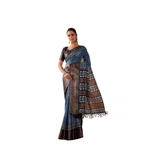 Generic Women's Faux_Art_Silk Printed Saree With Unstitched Blouse 5.5Mtr (Blue)