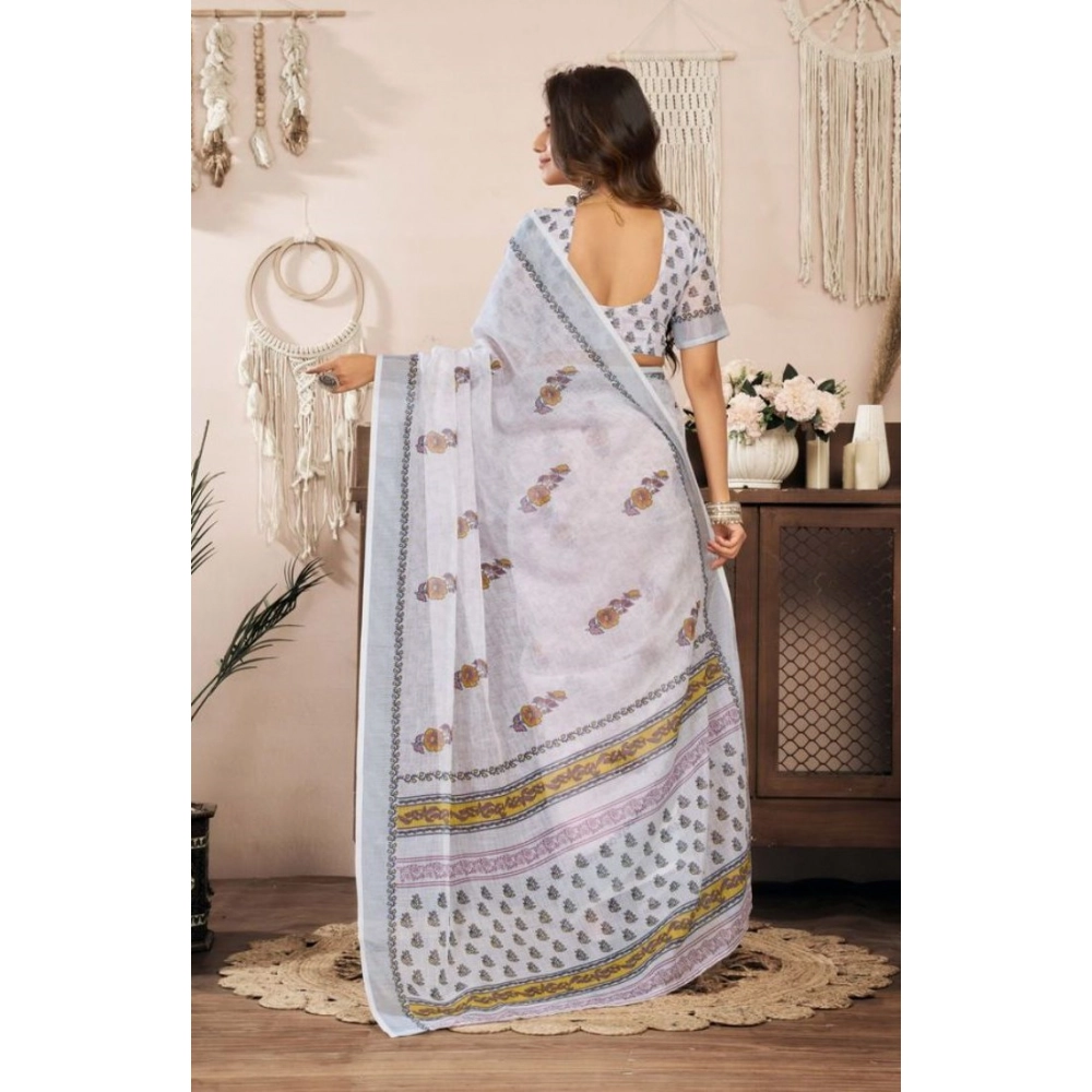 Generic Women's Faux Linen Floral Print Ready to wear Saree With Unstitched Blouse 5.5Mtr (Off_White)