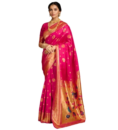 Generic Women's Silk Blend Paithani Saree With Unstitched Blouse 5.5Mtr (Pink)