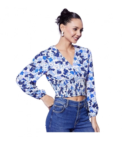Generic Women's Polyester Floral Long Sleeves Top (Blue)
