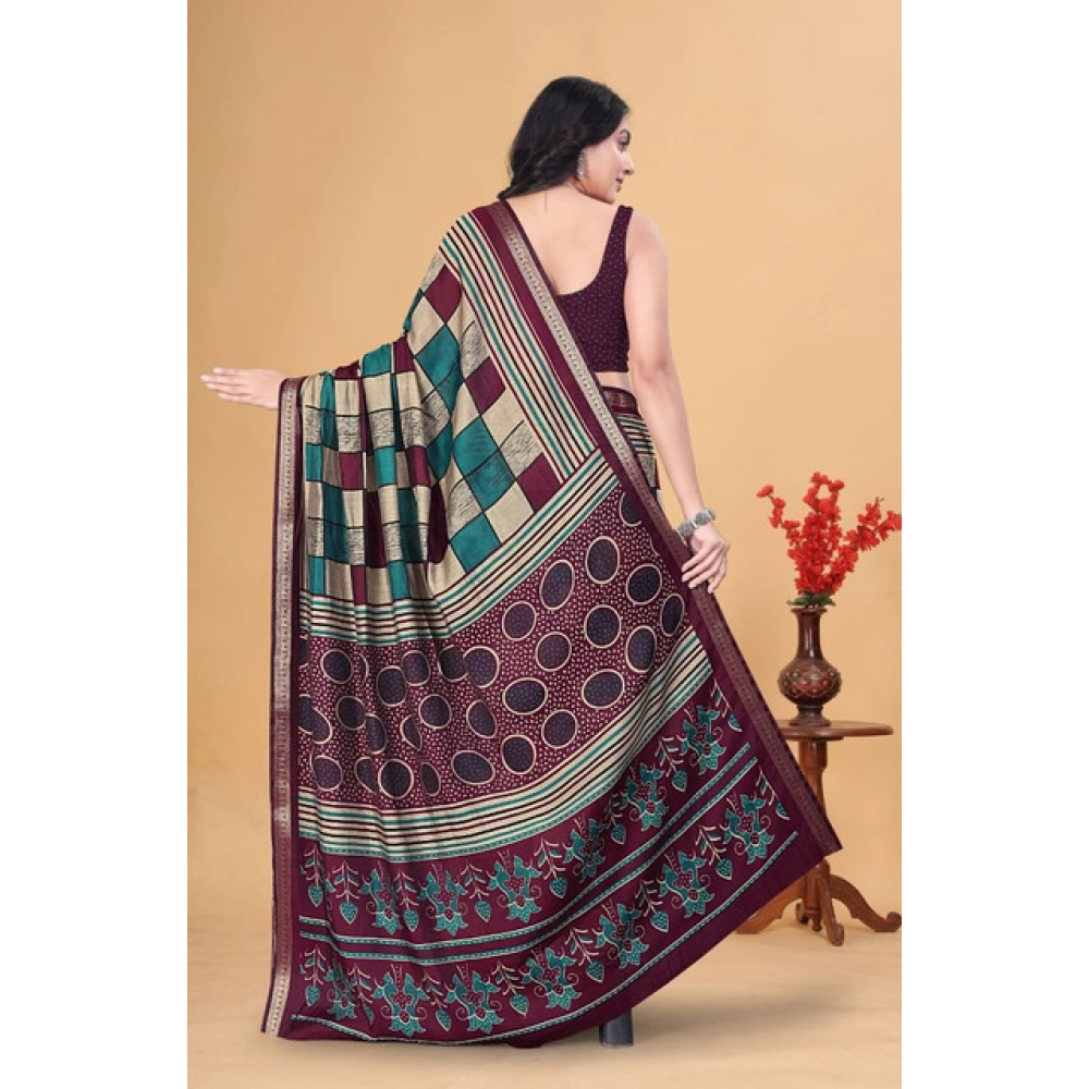 Women's Dupion Silk Block Printed Saree With Unstitched Blouse 5.5Mtr (Multicolor)