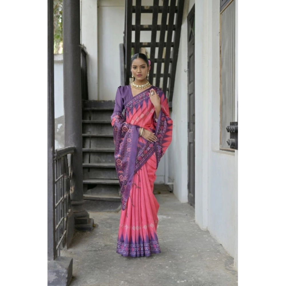 Women's Faux_Tussar Ikat Saree With Unstitched Blouse 5.5Mtr (Peach)