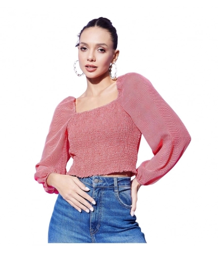 Generic Women's Polyester Floral Long Sleeves Top (Red)
