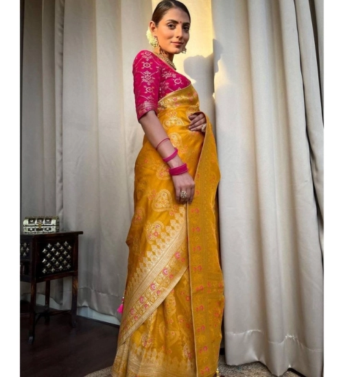 Generic Women's Soft Litchi Silk Jacquard Work Saree With Unstitched Blouse 5.5Mtr (Mustard Yellow)