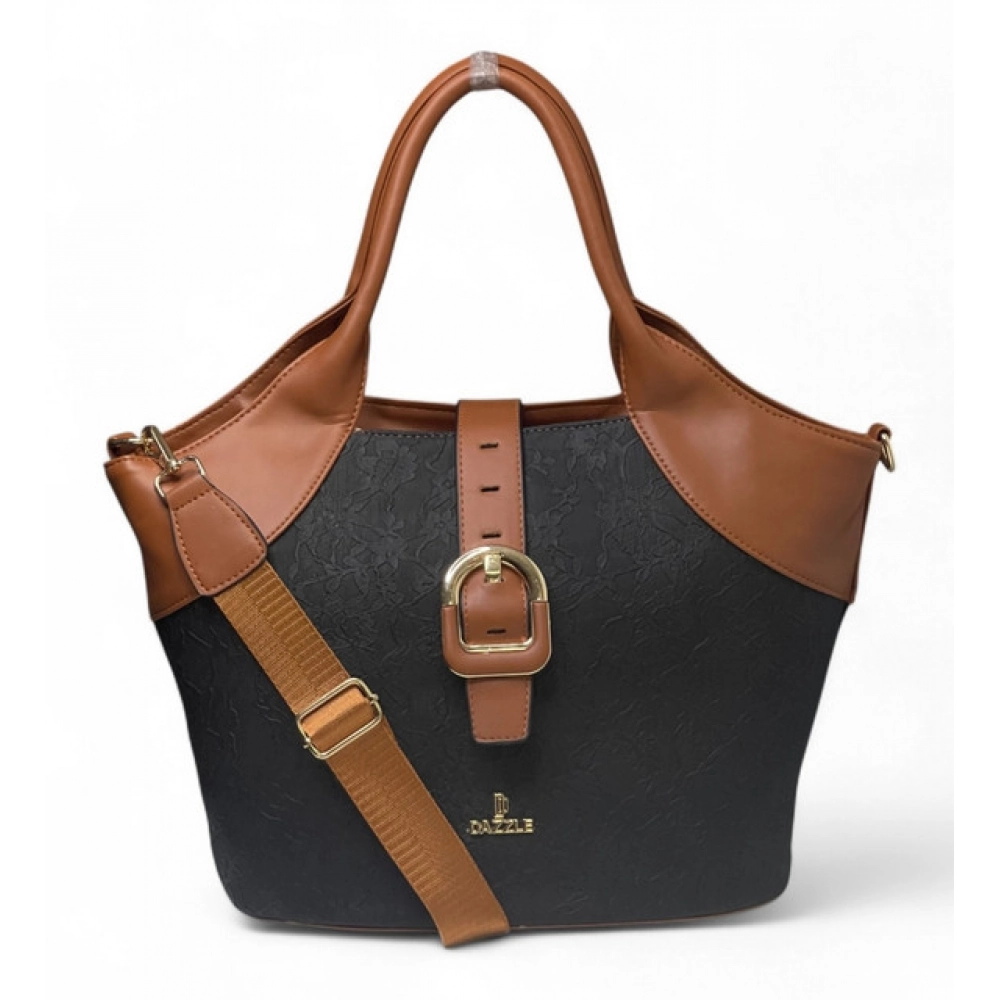 Generic Women's Polyurethane Textured Two-Tone Tote Handbag with Adjustable & Removable Strap (Black-Tan)