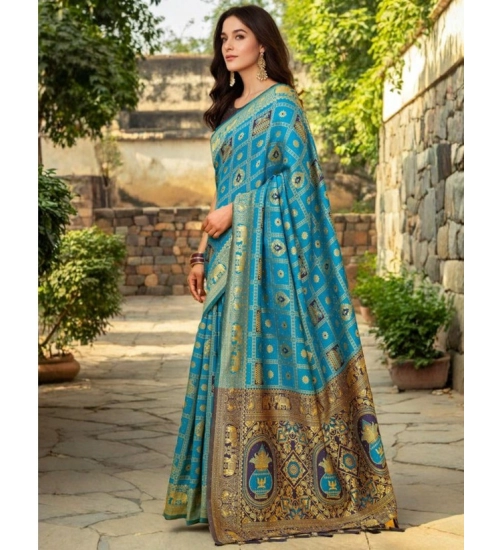 Generic Women's Silk Blend Woven Zari Work Saree With Unstitched Blouse 5.5Mtr (Rama)