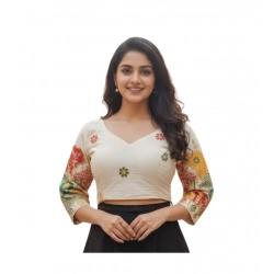 Generic Women's Cambric Cotton Round Neck Padded Blouse (White, 38 Ready Size (Self-Alterable 36–40)