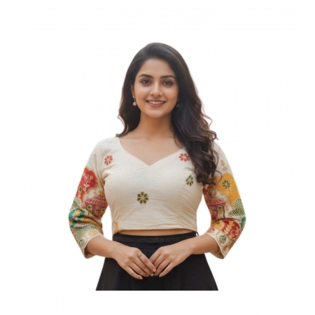 Generic Women's Cambric Cotton Round Neck Padded Blouse (White, 38 Ready Size (Self-Alterable 36–40)