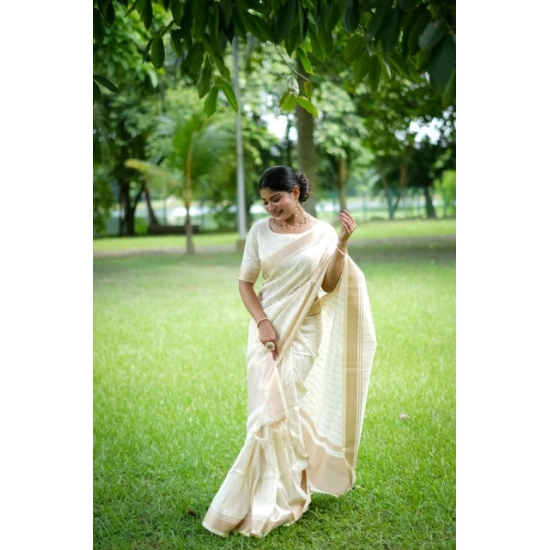 Generic Women's Faux_Banarasi Lining Pattern Saree With Unstitched Blouse 5.5Mtr (Off_White)