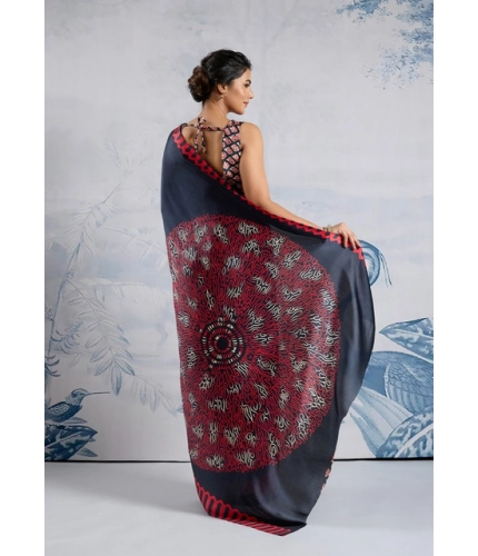 Generic Women's Satin Crepe Printed Saree With Unstitched Blouse 5.5Mtr (Navy Blue)