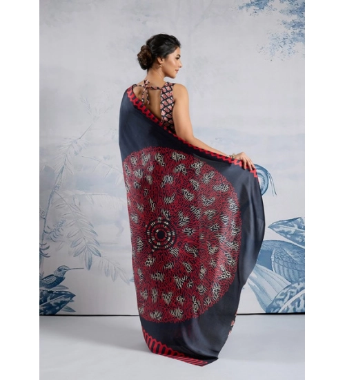 Generic Women's Satin Crepe Printed Saree With Unstitched Blouse 5.5Mtr (Navy Blue)