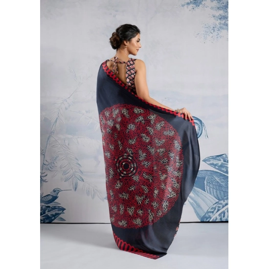 Generic Women's Satin Crepe Printed Saree With Unstitched Blouse 5.5Mtr (Navy Blue)